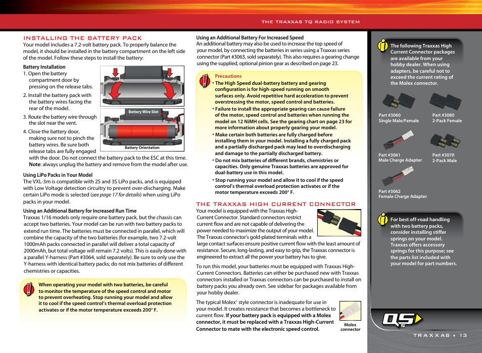 Installing the battery pack, The traxxas high current connector | Traxxas 1/16 SLASH VXL 4WD 7108 User Manual | Page 13 / 28