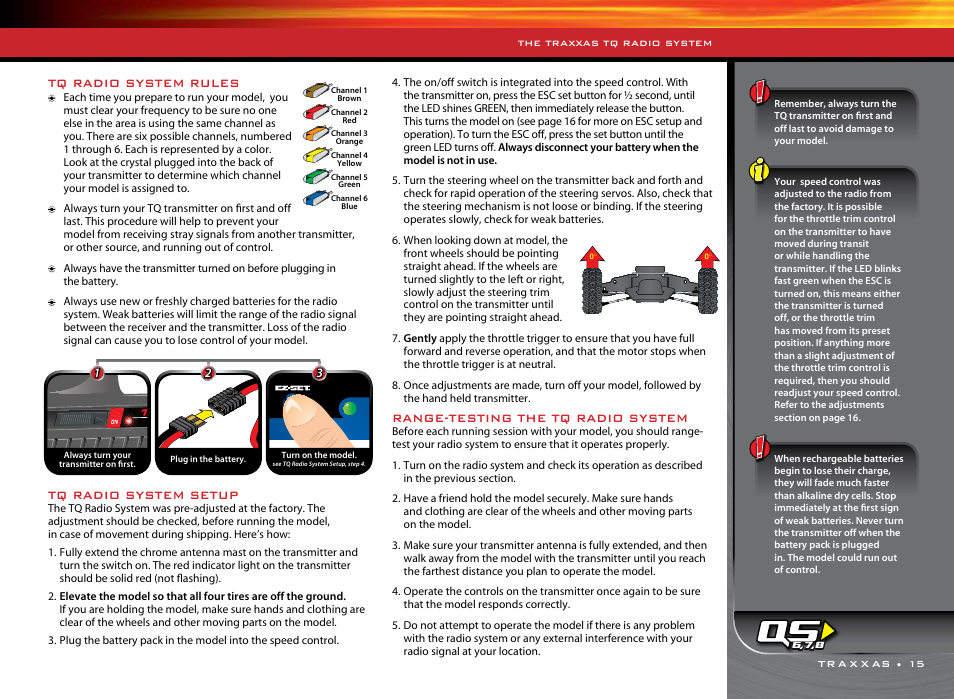 Tq radio system rules, Tq radio system setup, Range-testing the tq radio system | Traxxas 1/16 SLASH VXL 4WD 7108 User Manual | Page 15 / 28