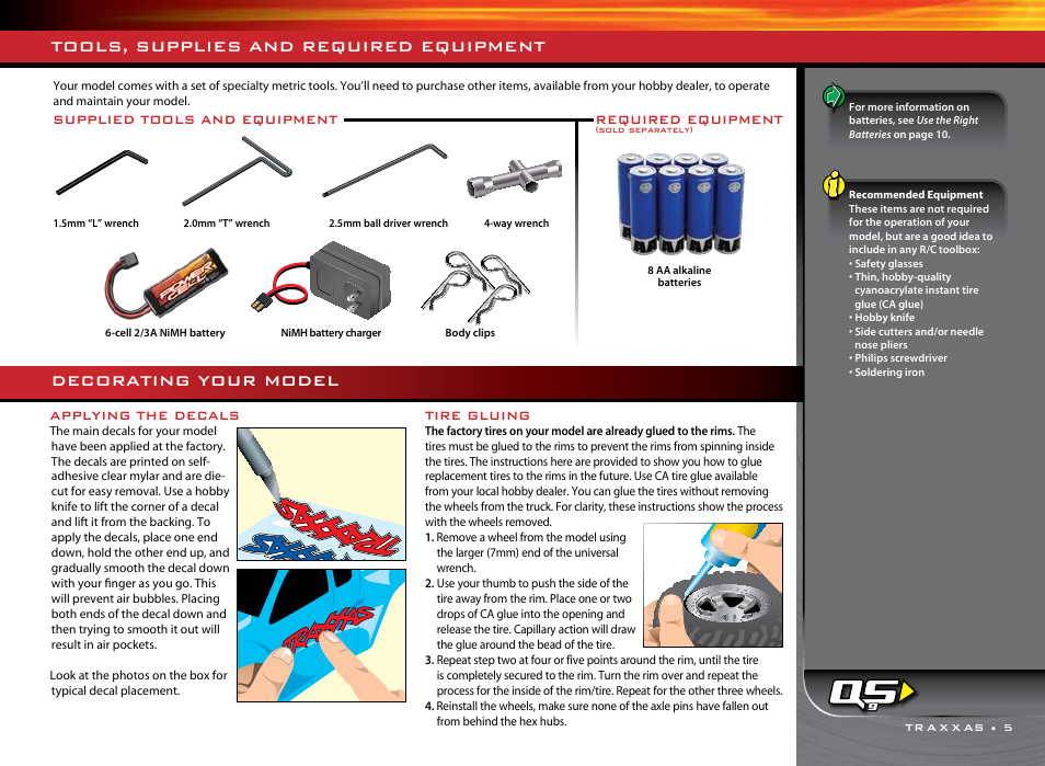 Tools, supplies and required equipment, Decorating your model | Traxxas 1/16 SLASH VXL 4WD 7108 User Manual | Page 5 / 28