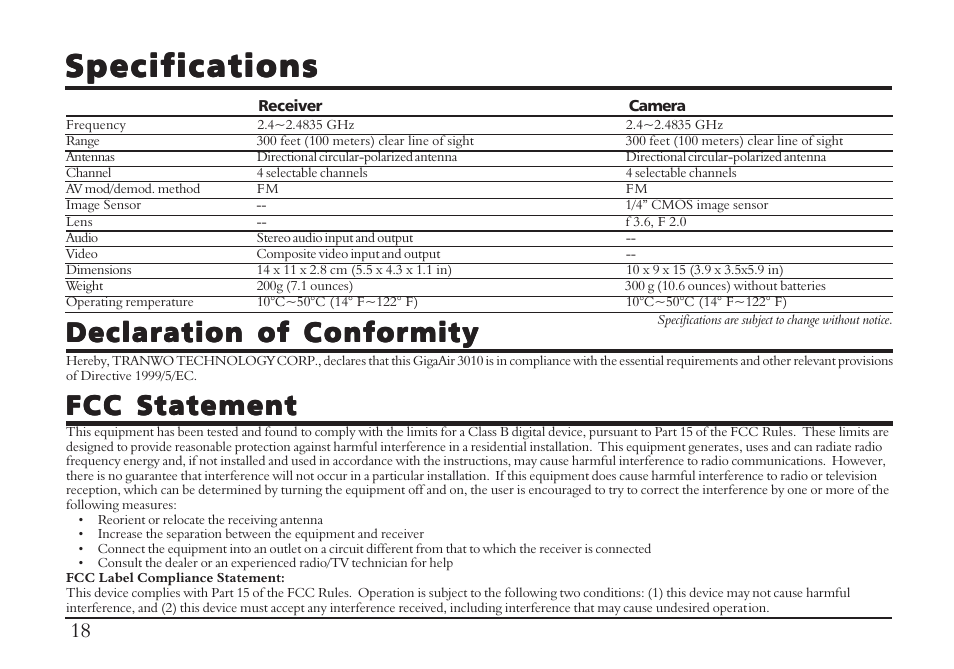 Specifications, Fcc statement, Declaration of conformity | TRANWO Technology 3010 User Manual | Page 20 / 78