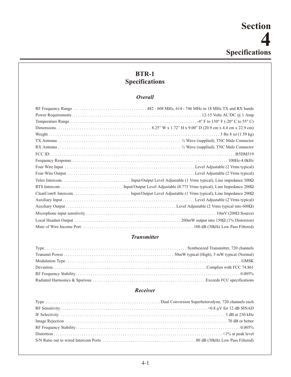 Sec tion, Spec i fi ca tions, Btr-1 spec i fi ca tions | Telex RADIOCOM TR-1 User Manual | Page 12 / 56