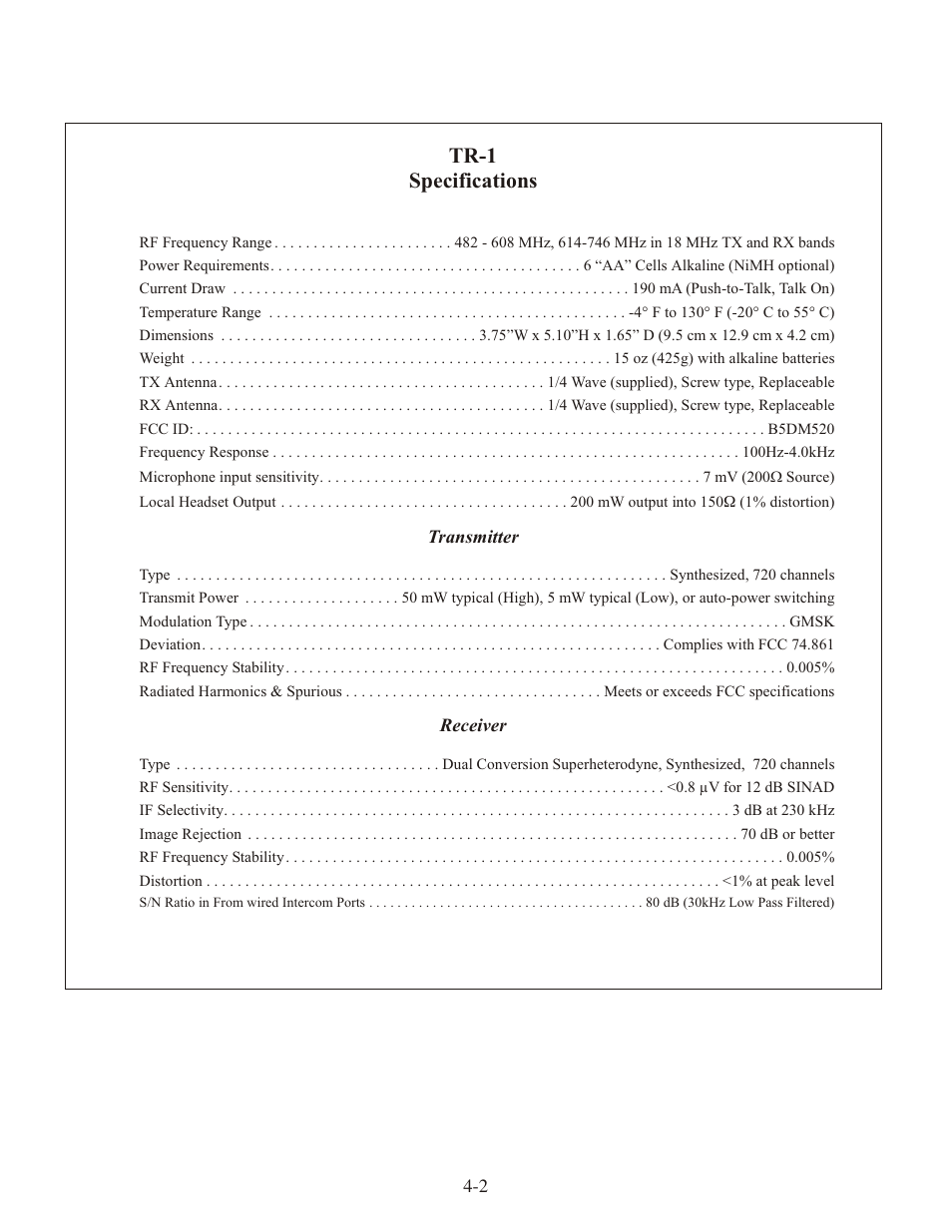 Tr-1 spec i fi ca tions | Telex RADIOCOM TR-1 User Manual | Page 13 / 56