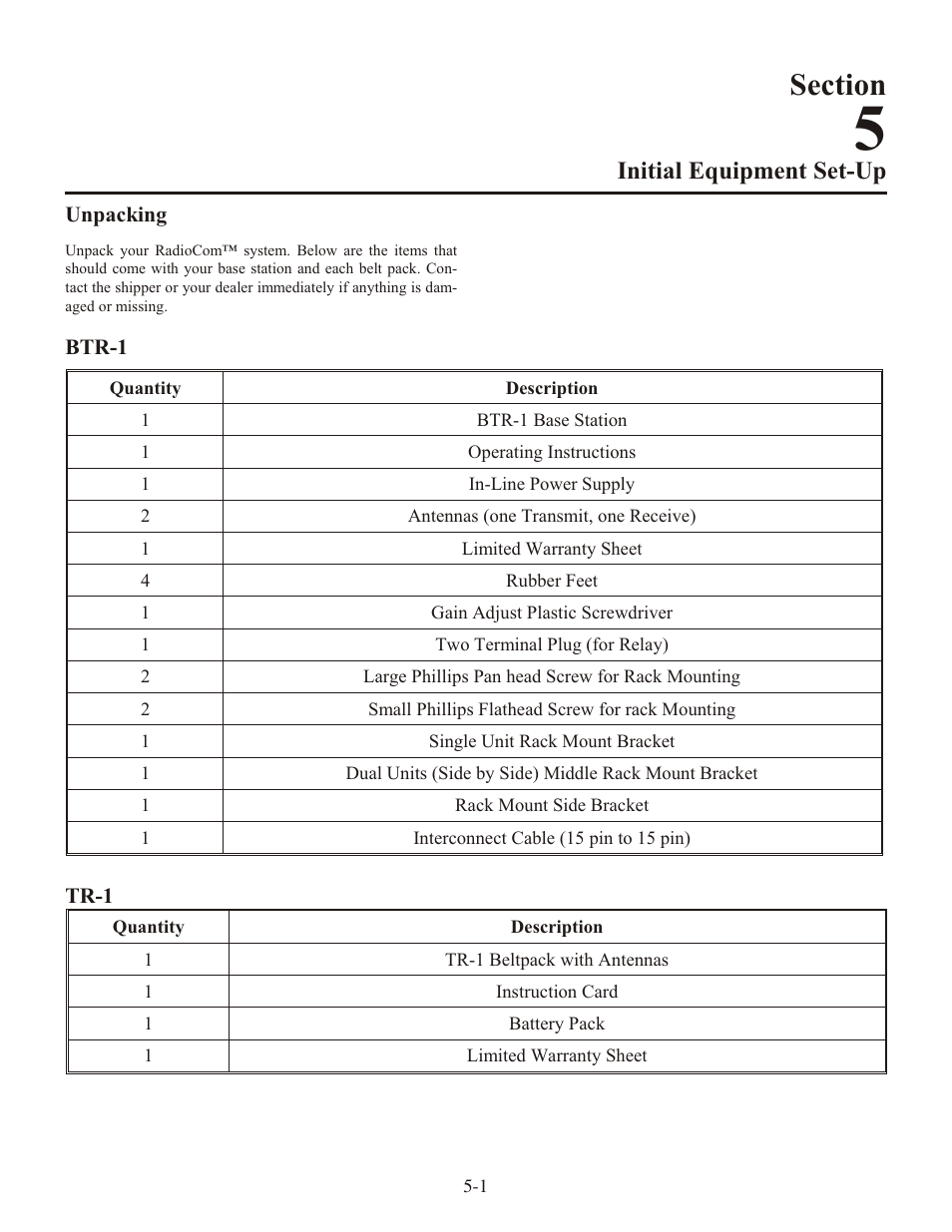 Sec tion, Ini tial equip ment set-up | Telex RADIOCOM TR-1 User Manual | Page 14 / 56