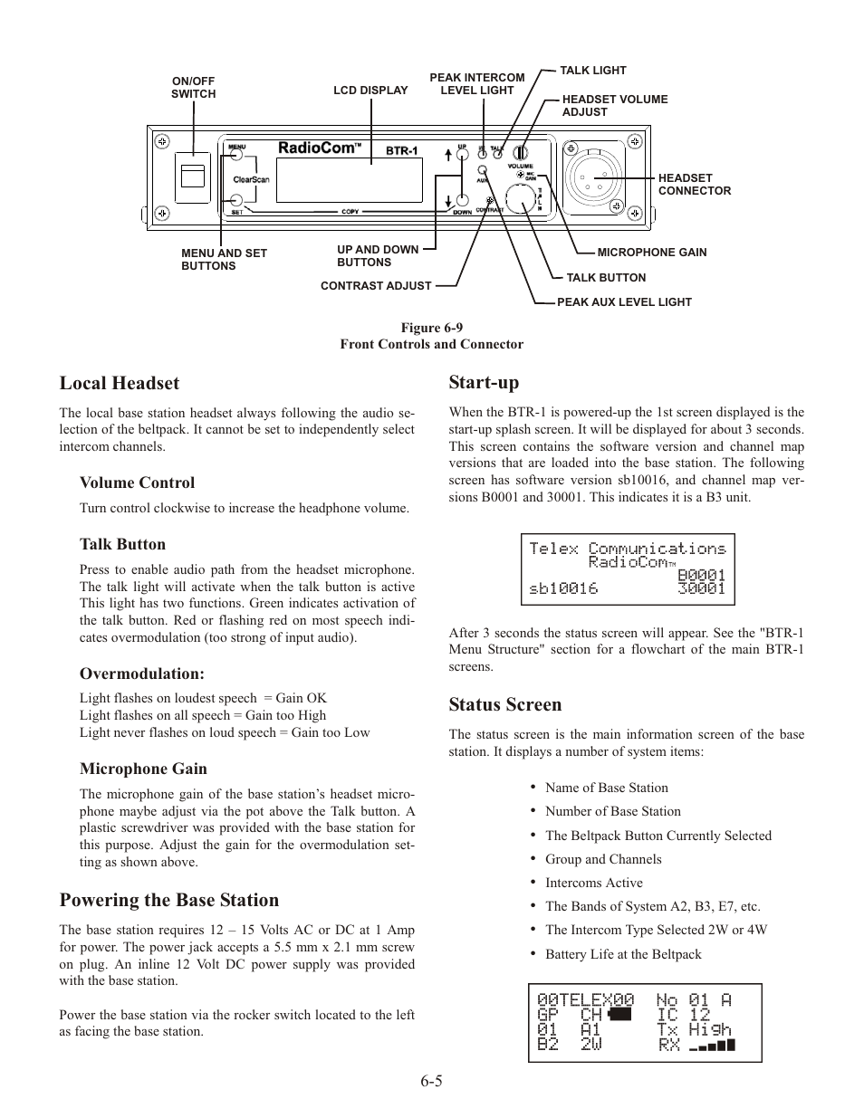 Lo cal head set, Pow er ing the base sta tion, Start-up | Sta tus screen | Telex RADIOCOM TR-1 User Manual | Page 24 / 56