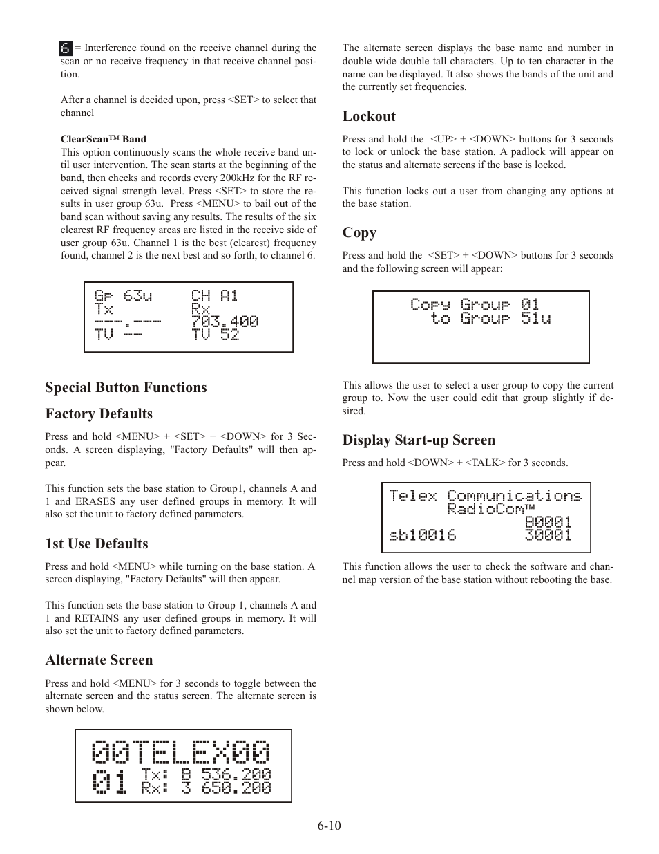 Spe cial but ton func tions fac tory de faults, 1st use de faults, Al ter nate screen | Lock out, Copy, Dis play start-up screen | Telex RADIOCOM TR-1 User Manual | Page 29 / 56