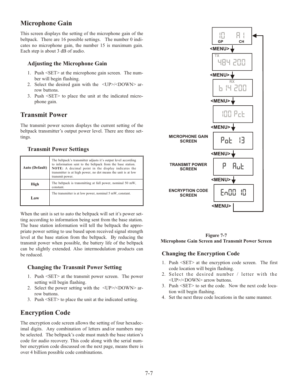 10 a1, 100 pct, Pot 13 | P aut, En00 10, Mi cro phone gain, Trans mit power, En cryp tion code | Telex RADIOCOM TR-1 User Manual | Page 36 / 56