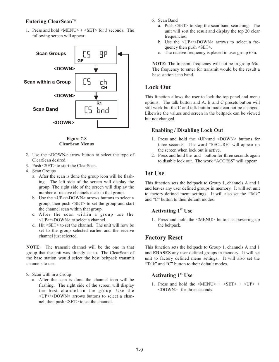 C5 9p, C5 ch, C5 bnd | Lock out, 1st use, Fac tory re set | Telex RADIOCOM TR-1 User Manual | Page 38 / 56