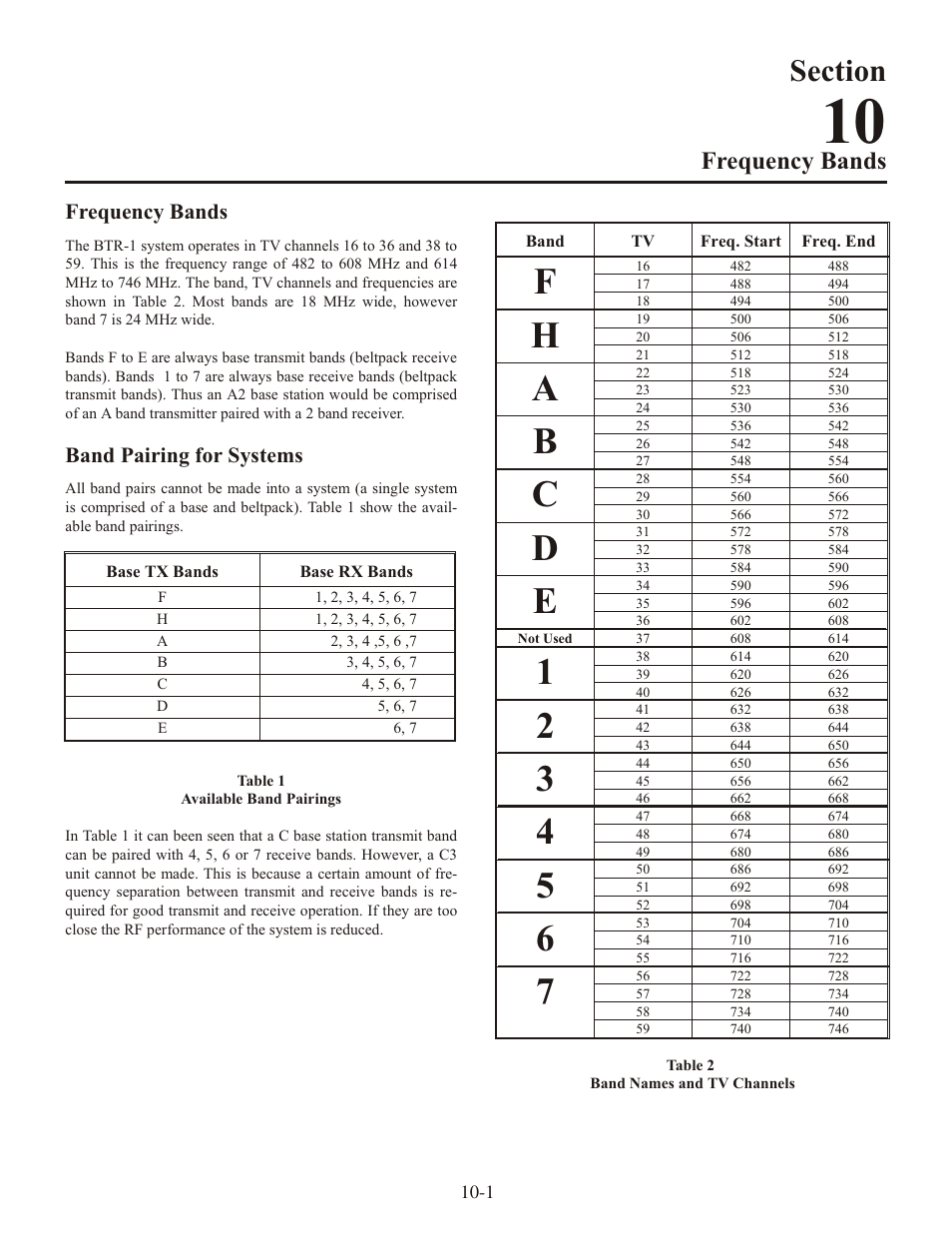 Sec tion, Fre quency bands, Band pair ing for sys tems | Telex RADIOCOM TR-1 User Manual | Page 42 / 56