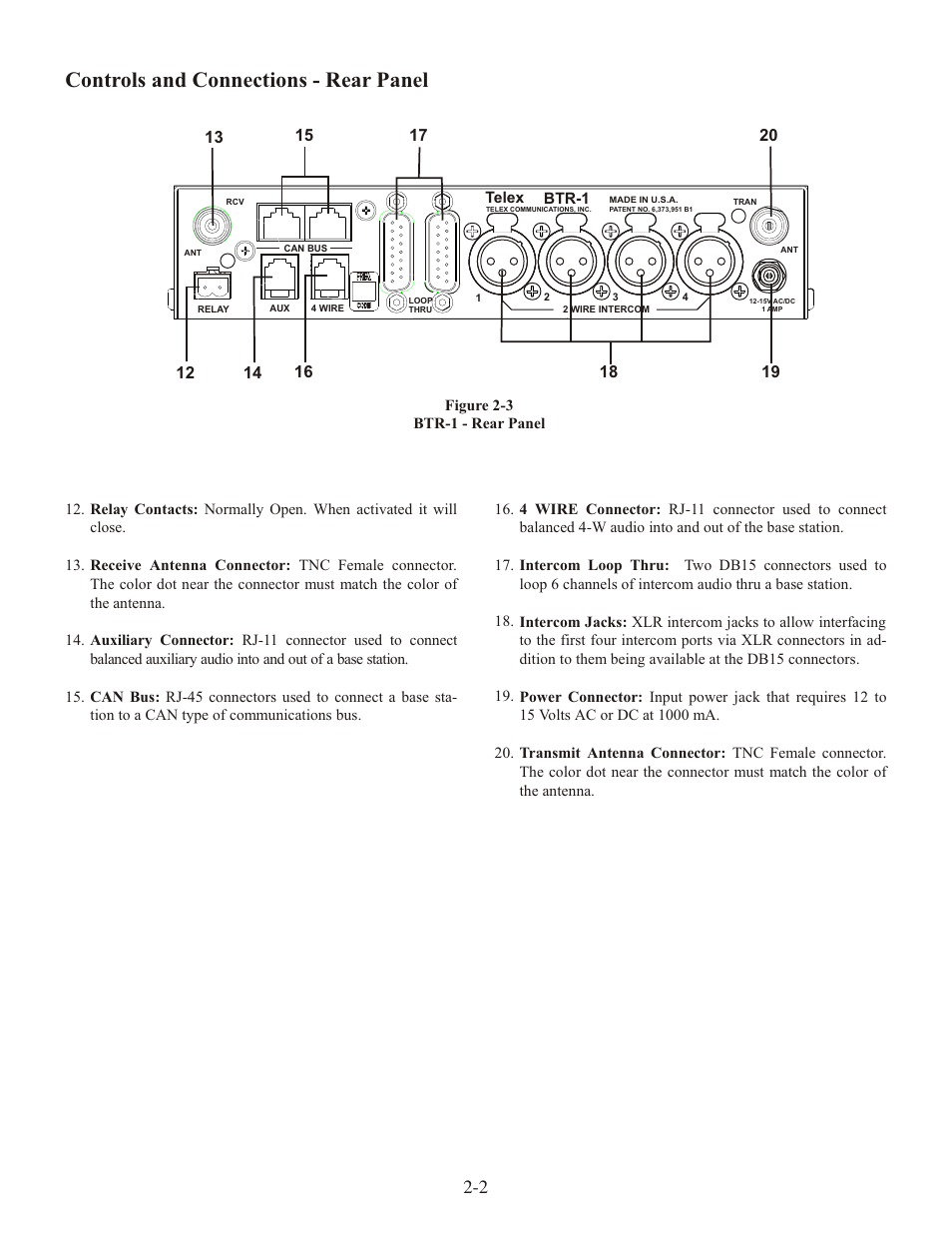 Con trols and con nec tions - rear panel | Telex RADIOCOM TR-1 User Manual | Page 9 / 56