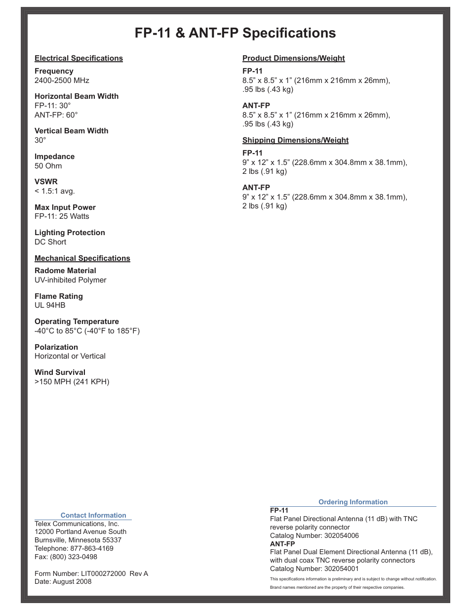 Fp-11 & ant-fp specifications | Telex RadioCom ANT-FP User Manual | Page 2 / 2