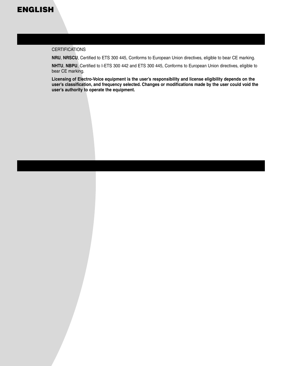 English, 7 certifications 8. accessories & parts | Telex N/DYM SERIES User Manual | Page 10 / 13
