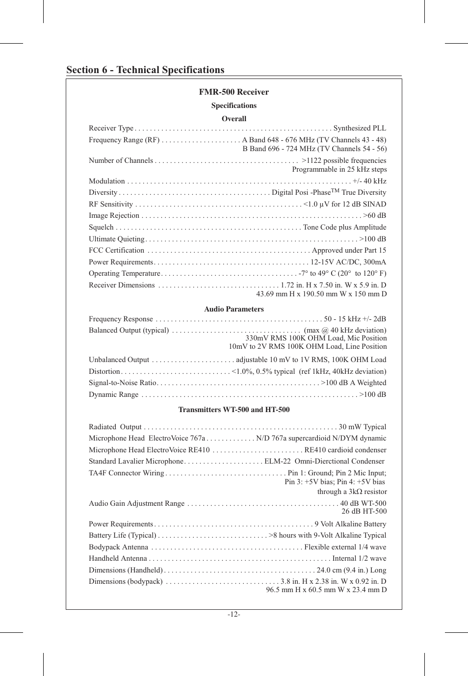 Sec tion 6 - tech ni cal spec i fi ca tions | Telex FMR-500 User Manual | Page 13 / 15