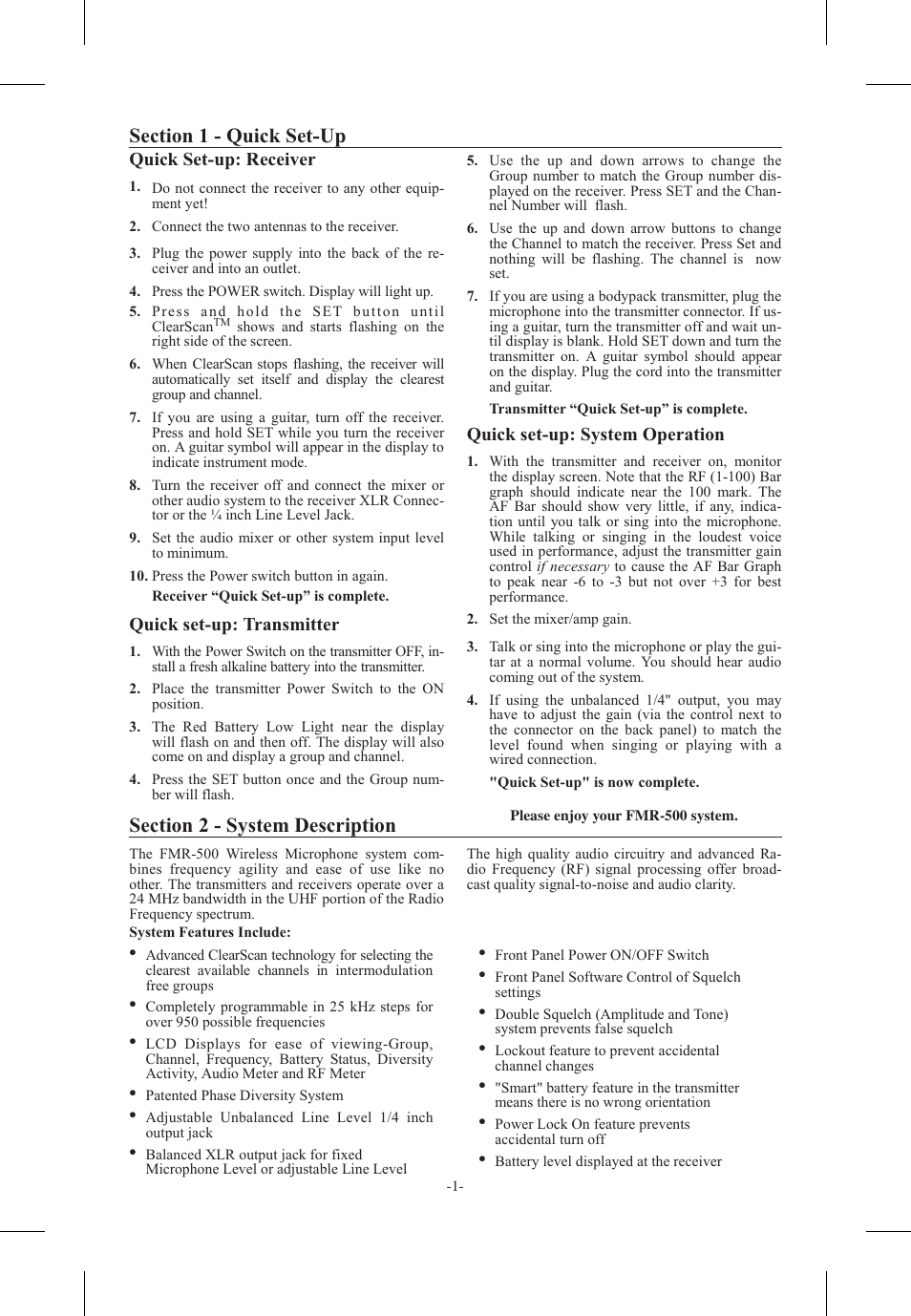 Sec tion 1 - quick set-up, Sec tion 2 - sys tem de scrip tion | Telex FMR-500 User Manual | Page 2 / 15