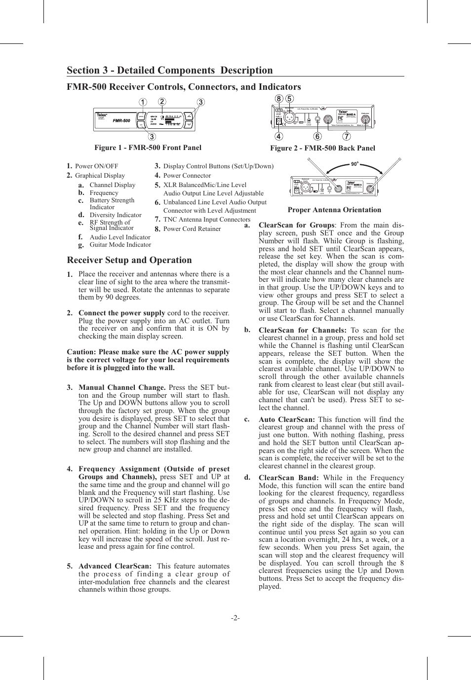 Sec tion 3 - de tailed com po nents de scrip tion, Re ceiver setup and op er a tion, Fig ure 1 - fmr-500 front panel | Proper an tenna orientation | Telex FMR-500 User Manual | Page 3 / 15