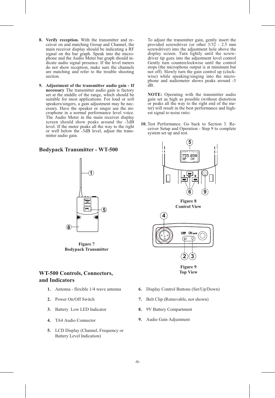 Bodypack trans mit ter - wt-500, Wt-500 controls, con nec tors, and in di ca tors | Telex FMR-500 User Manual | Page 7 / 15