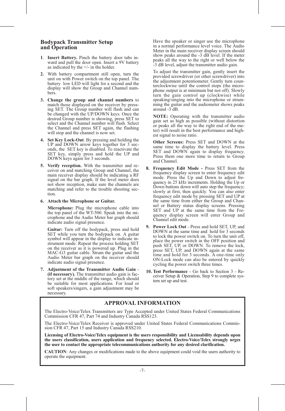Bodypack trans mit ter setup and op er a tion, Ap proval in for ma tion | Telex FMR-500 User Manual | Page 8 / 15