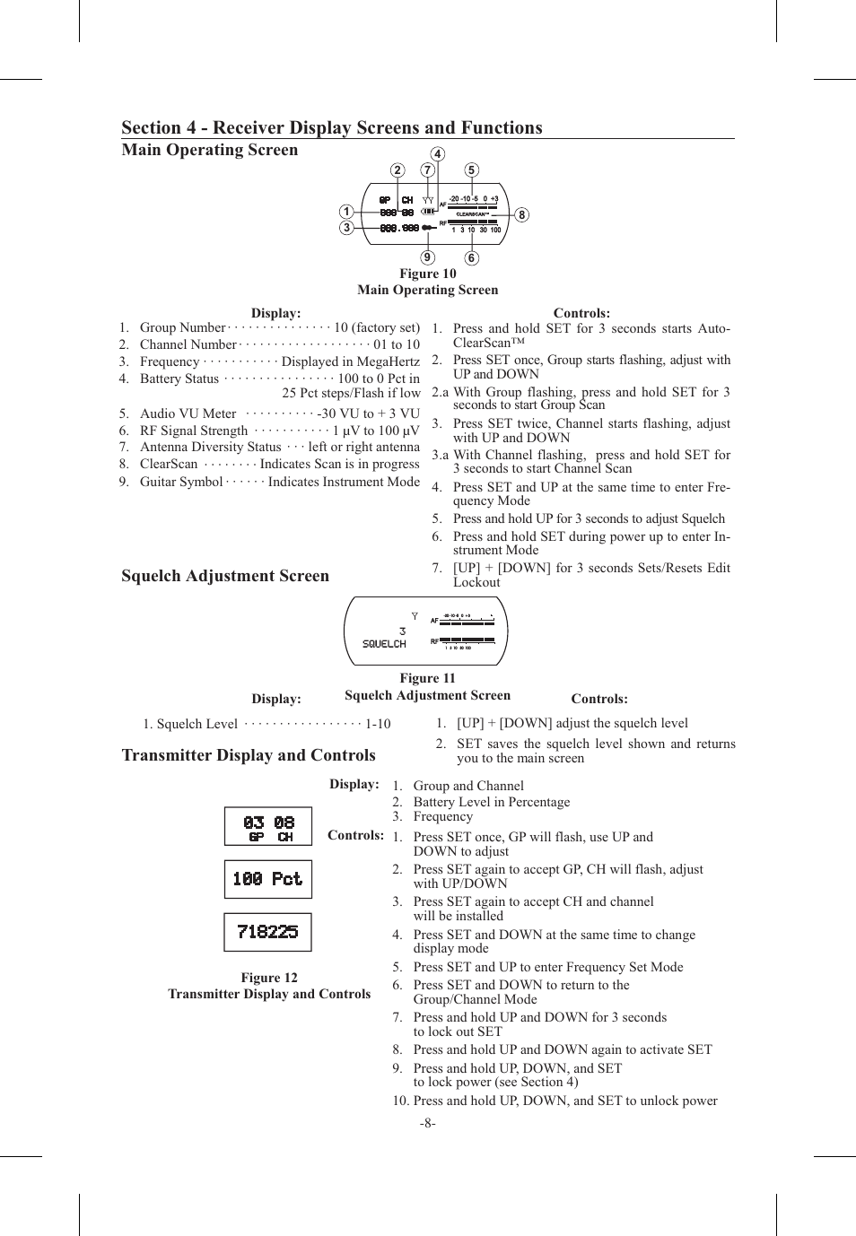 Main op er at ing screen, Squelch ad just ment screen, Trans mit ter dis play and con trols | Telex FMR-500 User Manual | Page 9 / 15