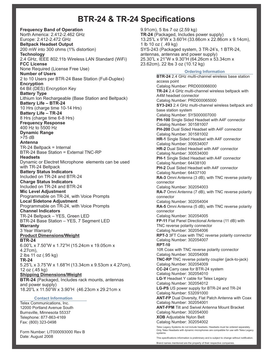 Btr-24 & tr-24 specifications | Telex TR-24 User Manual | Page 2 / 2