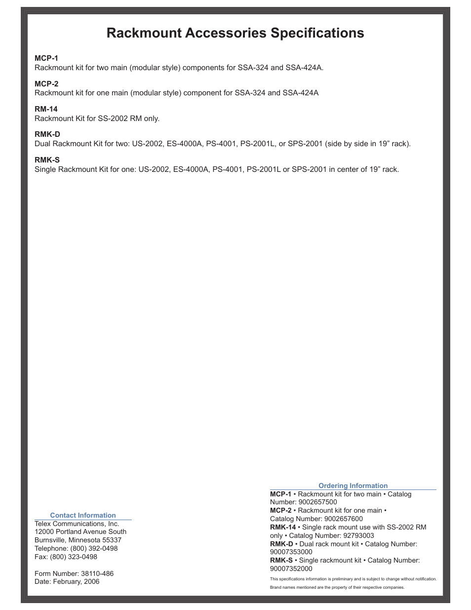 Rackmount accessories specifications | Telex Rackmount Accessories RM-14 User Manual | Page 2 / 2