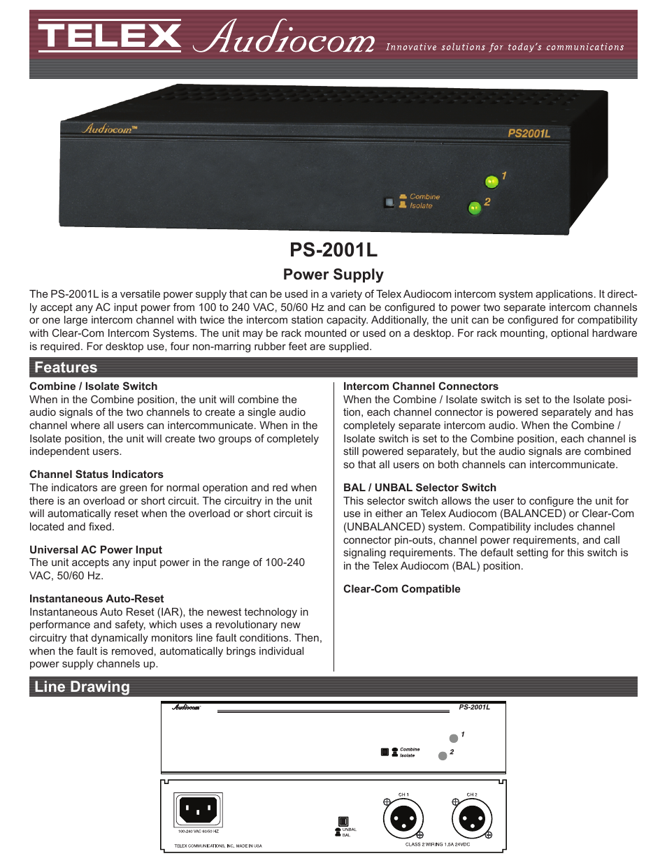 Telex Audiocom PS-2001L User Manual | 2 pages