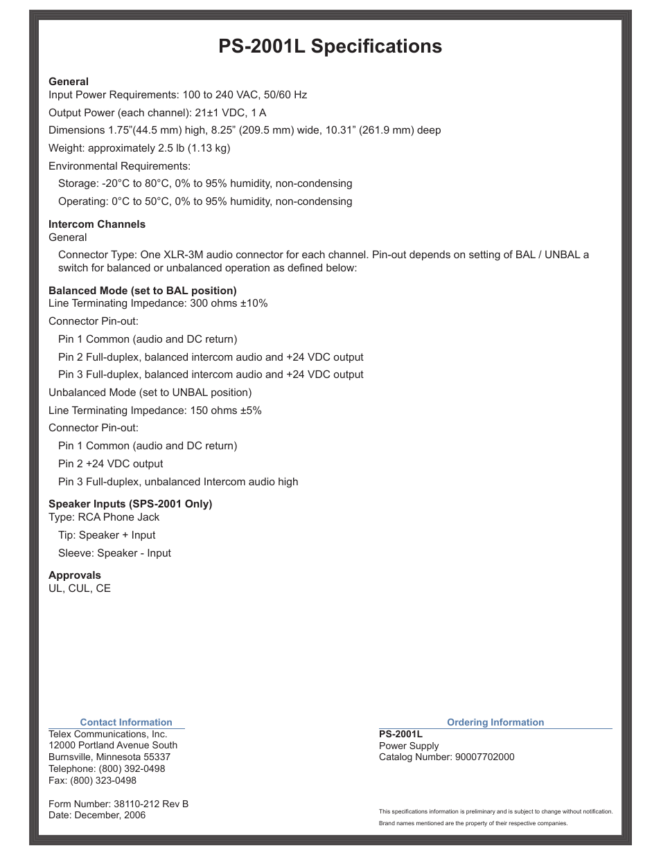 Ps-2001l specifications | Telex Audiocom PS-2001L User Manual | Page 2 / 2