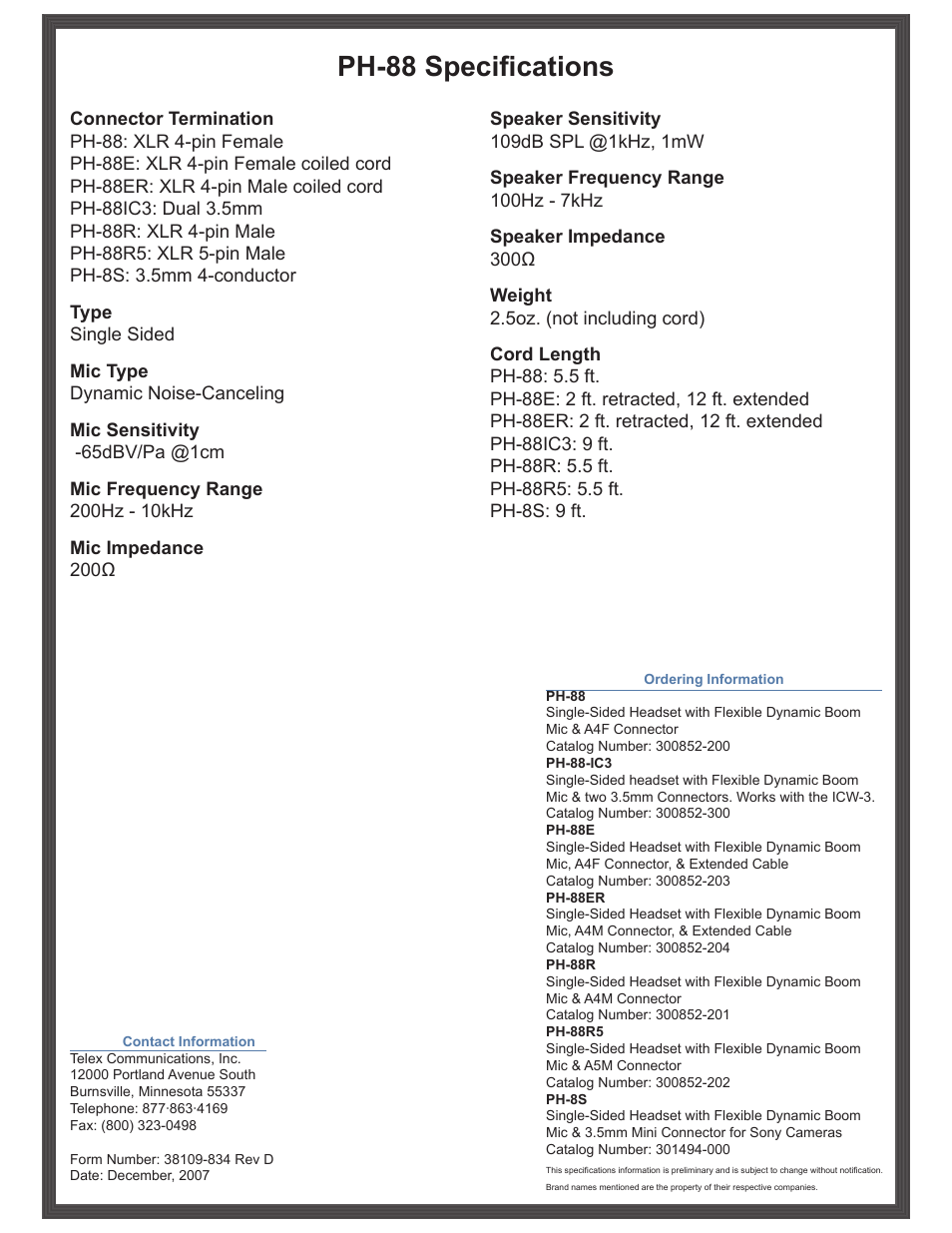 Ph-88 specifications | Telex PH-8S User Manual | Page 2 / 2