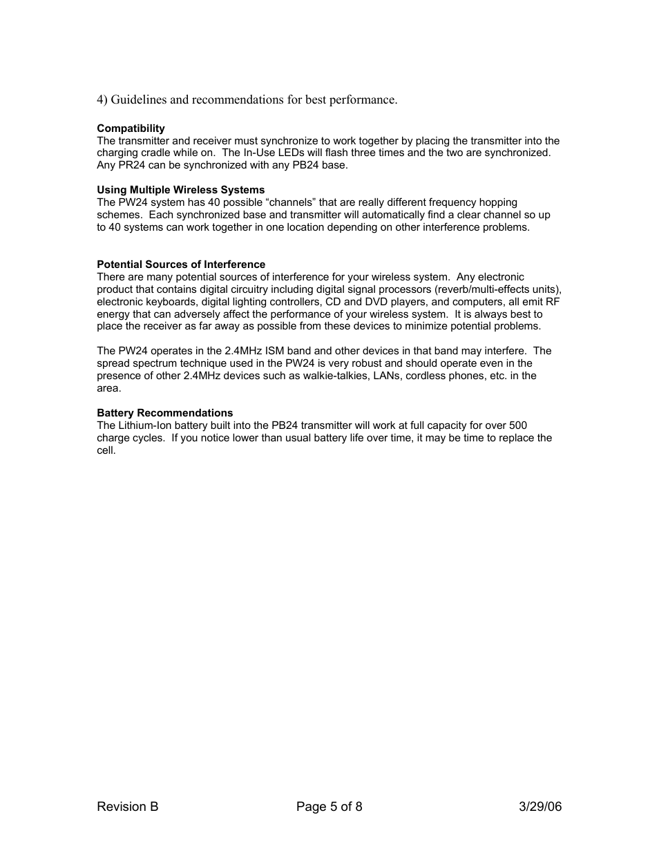 Compatibility, Using multiple wireless systems, Potential sources of interference | Battery recommendations | Telex PW24 User Manual | Page 5 / 8