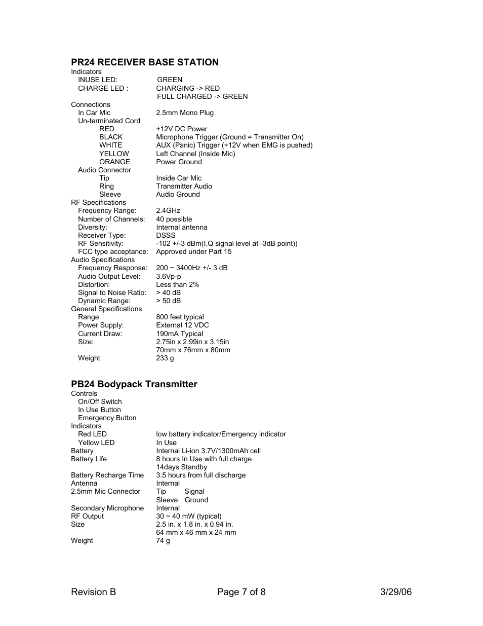 Pr24 receiver base station, Pb24 bodypack transmitter | Telex PW24 User Manual | Page 7 / 8