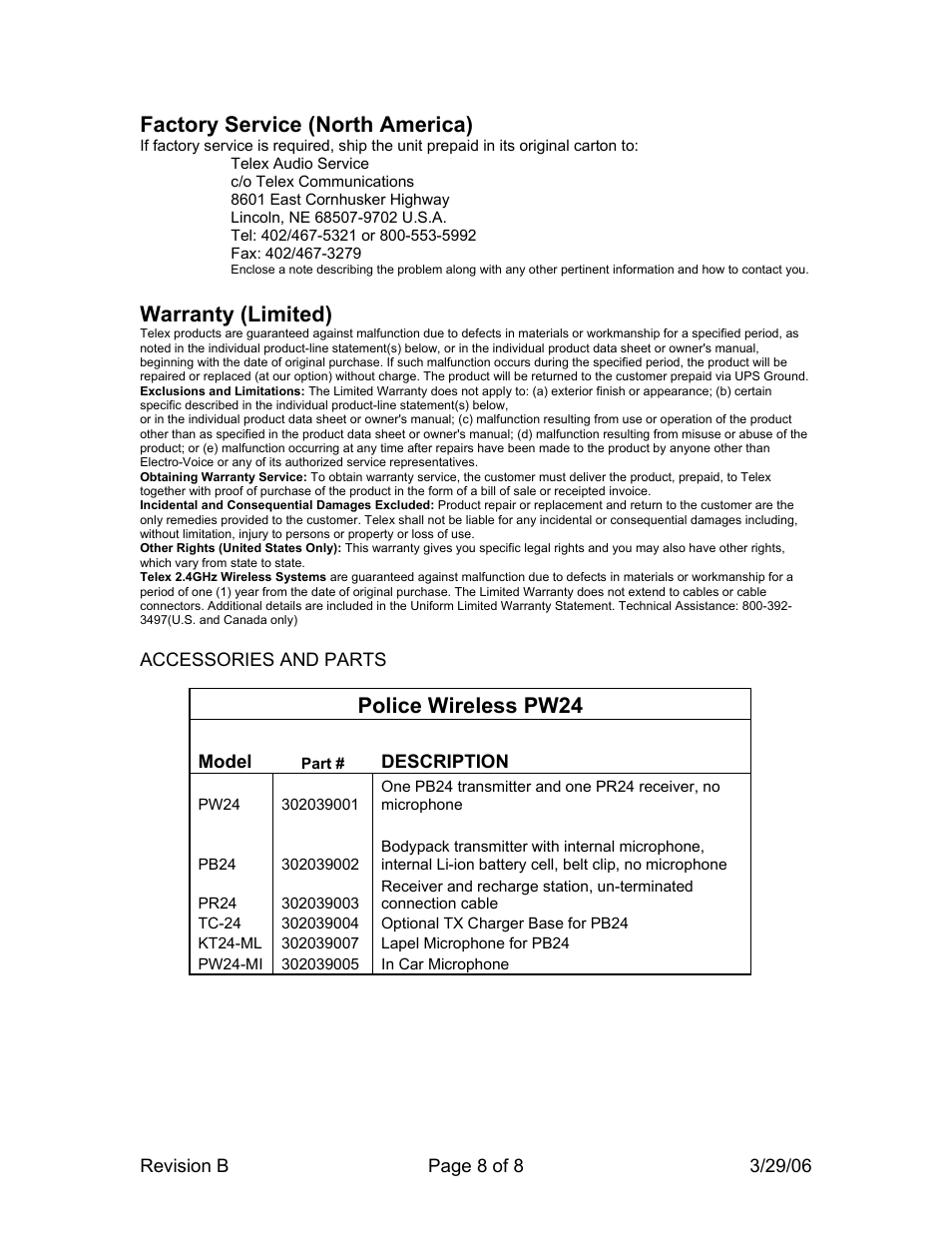 Factory service (north america), Warranty (limited), Police wireless pw24 | Telex PW24 User Manual | Page 8 / 8