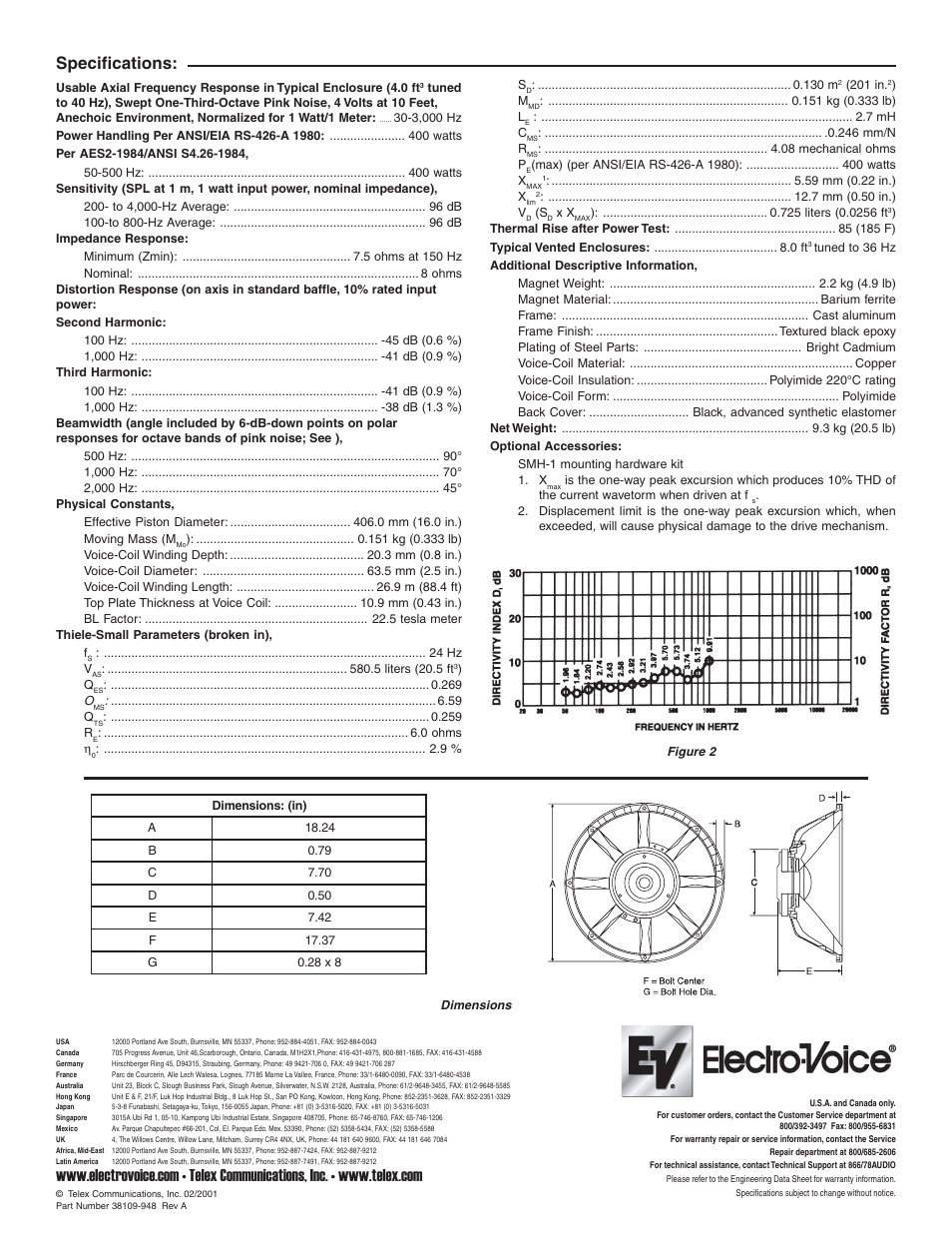 Specifications | Telex DL18MT User Manual | Page 2 / 2