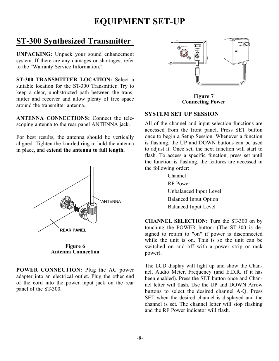 Equip ment set-up, St-300 synthesized transmitter, System set up session | Telex SR-400 User Manual | Page 10 / 22