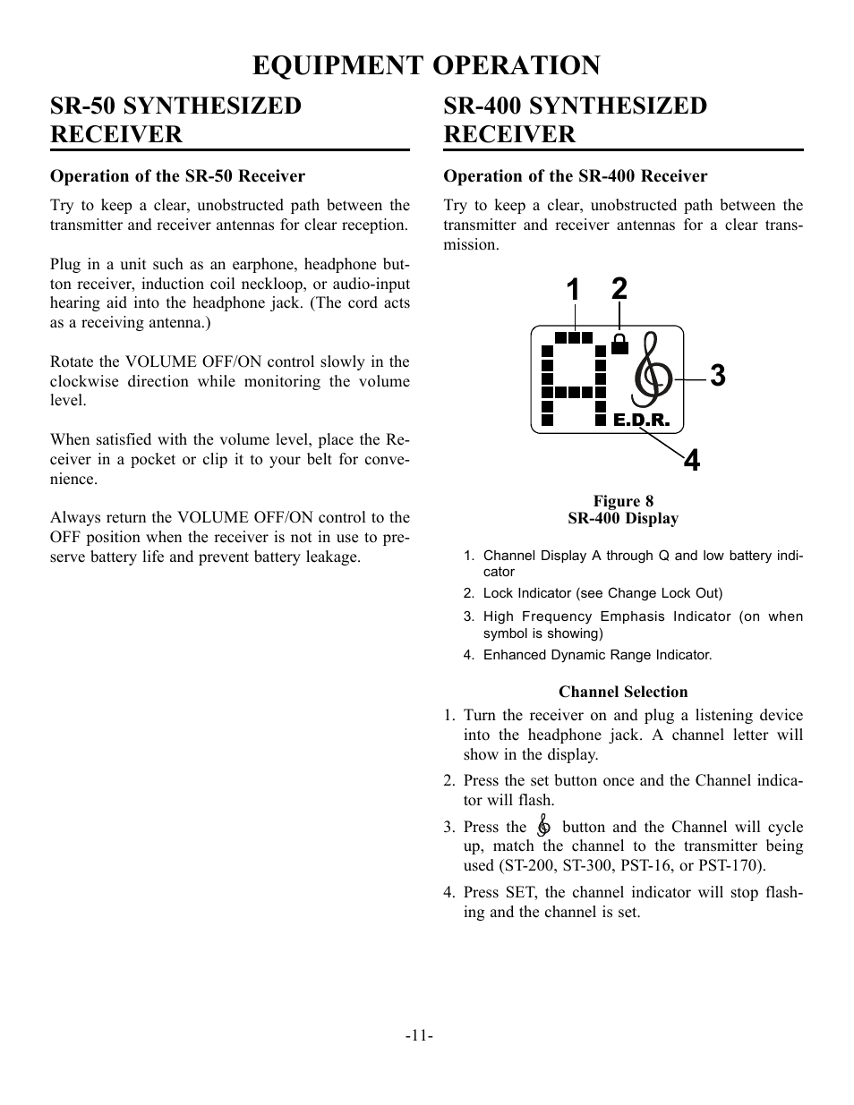Equipment operation, Sr-50 synthesized receiver, Sr-400 synthesized receiver | Telex SR-400 User Manual | Page 13 / 22