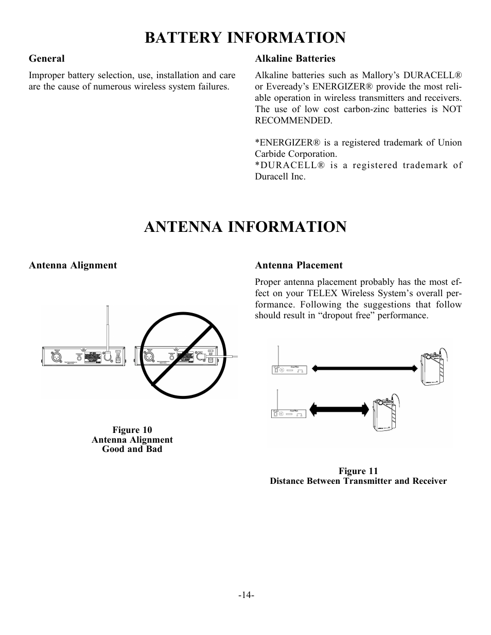 Battery information, Antenna information | Telex SR-400 User Manual | Page 16 / 22