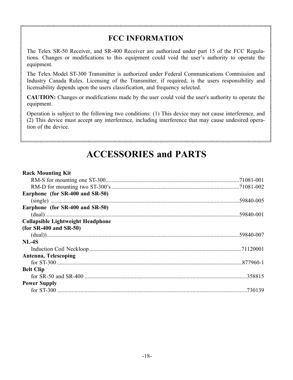 Accessories and parts, Fcc information | Telex SR-400 User Manual | Page 20 / 22