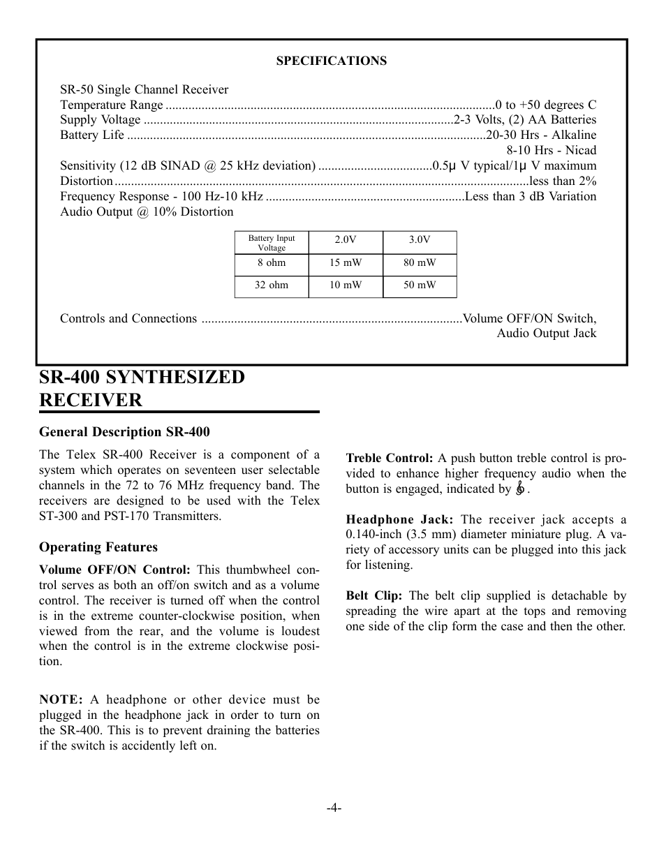 Sr-400 synthesized receiver | Telex SR-400 User Manual | Page 6 / 22