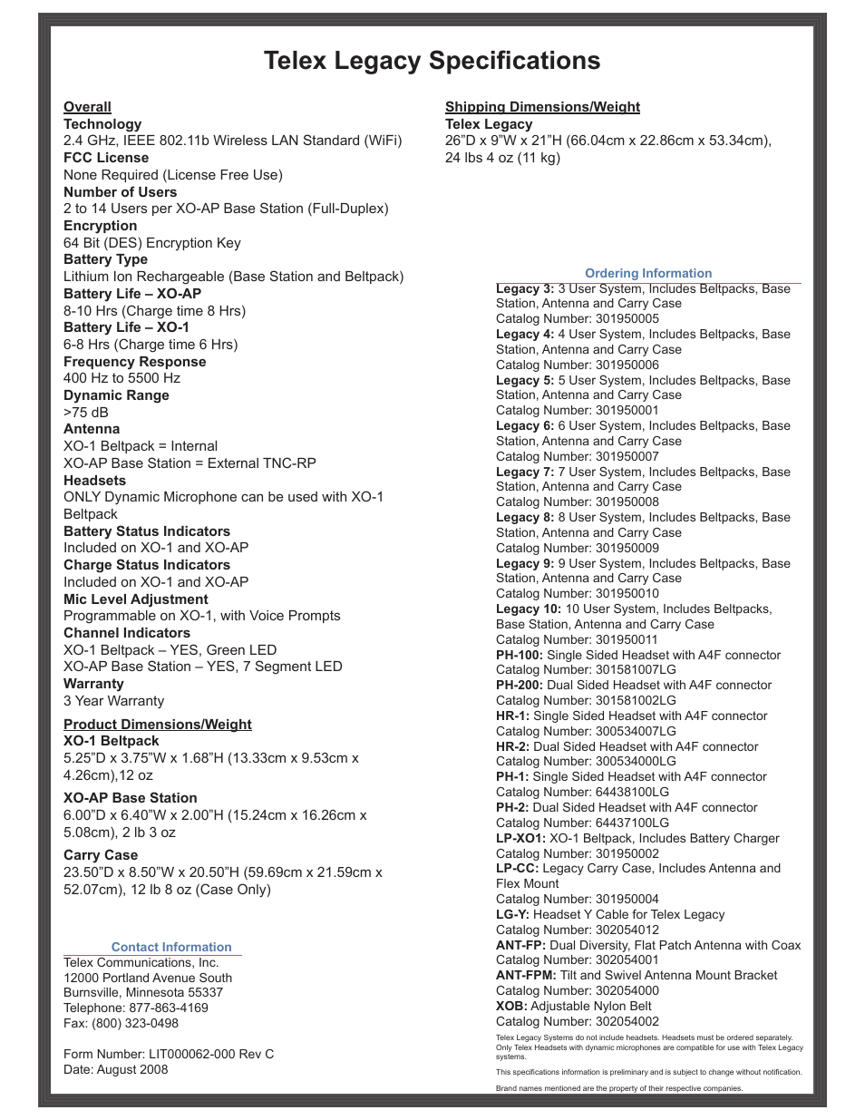 Telex legacy specifications | Telex Legacy XO-1 User Manual | Page 2 / 2