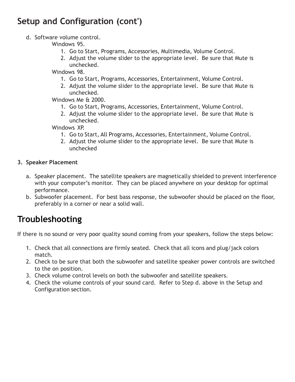 Setup and configuration (cont'), Troubleshooting | Telex 2.1 Multimedia Speaker System User Manual | Page 3 / 6