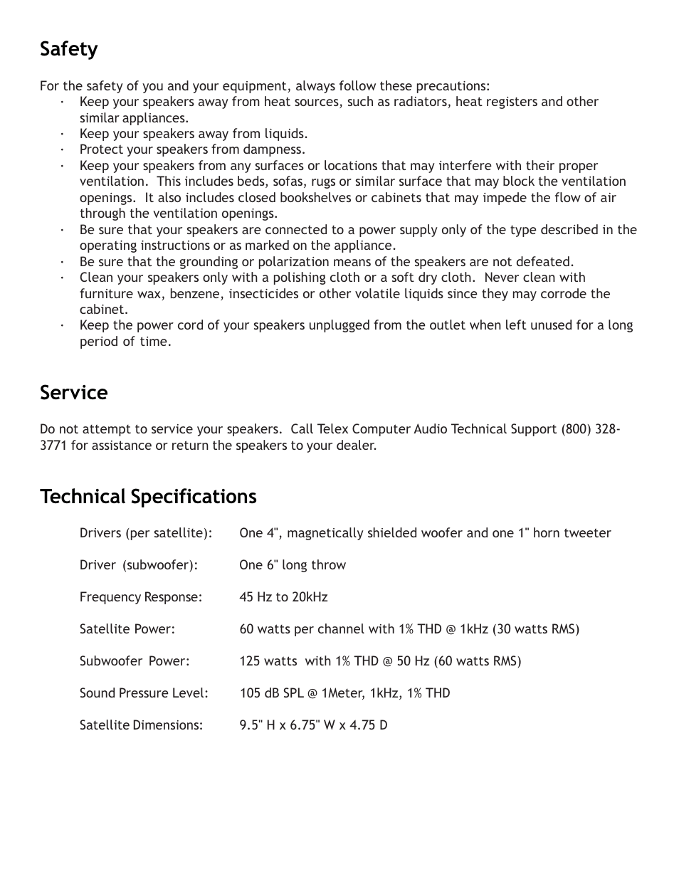 Safety, Service, Technical specifications | Telex 2.1 Multimedia Speaker System User Manual | Page 4 / 6
