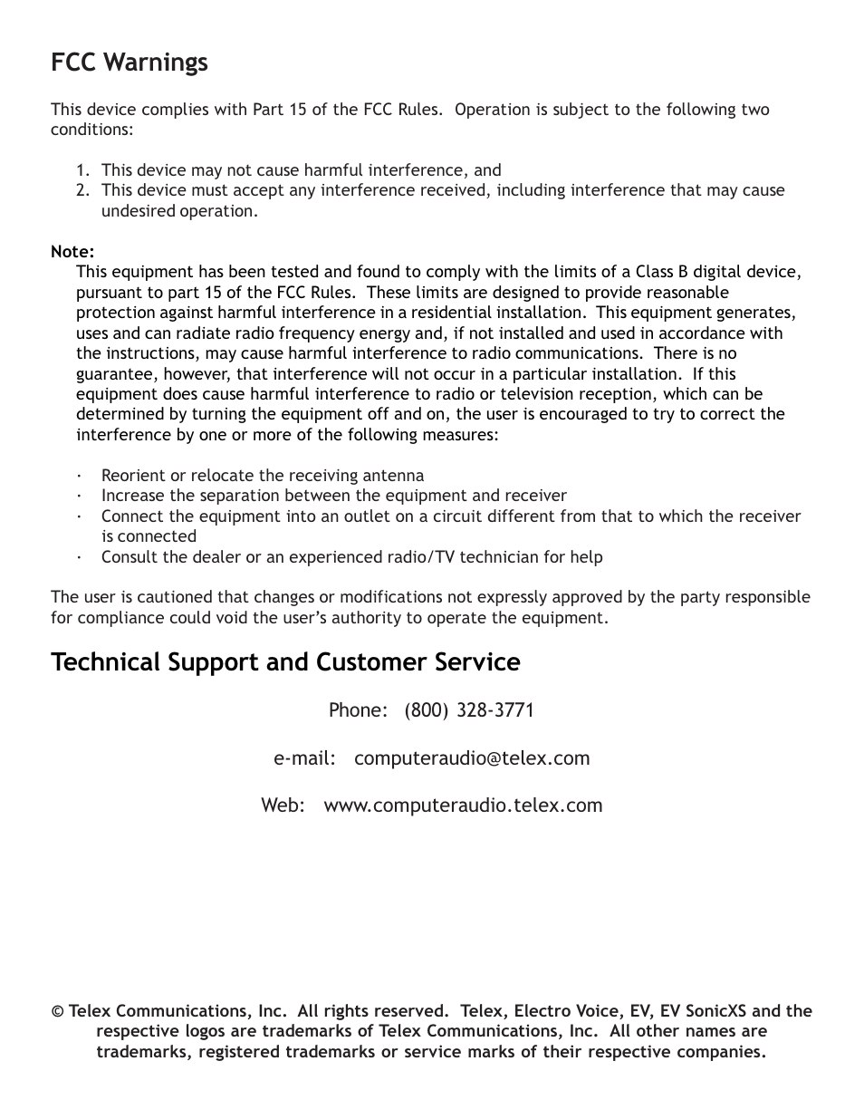 Fcc warnings, Technical support and customer service | Telex 2.1 Multimedia Speaker System User Manual | Page 5 / 6