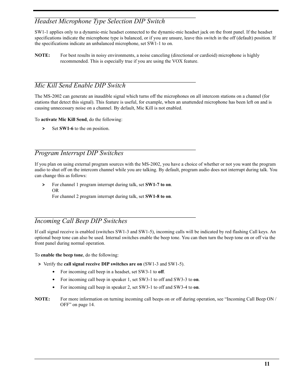 Headset microphone type selection dip switch, Mic kill send enable dip switch, Program interrupt dip switches | Incoming call beep dip switches | Telex AUDIOCOM MS-2002 User Manual | Page 11 / 30