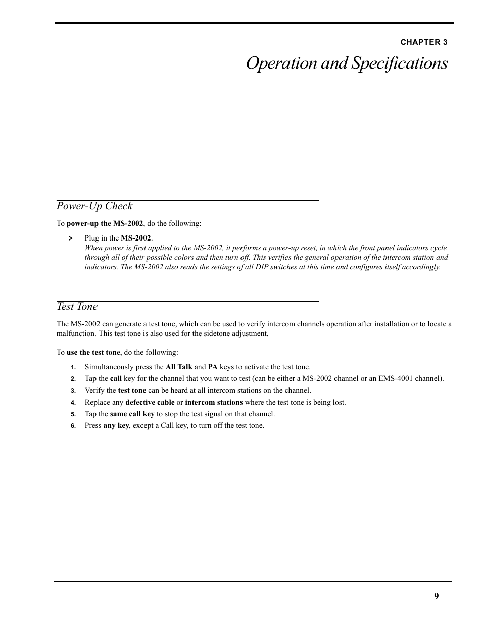 Chapter 3 operation and specifications, Power-up check, Test tone | Operation and specifications, Power-up check test tone | Telex AUDIOCOM MS-2002 User Manual | Page 21 / 30