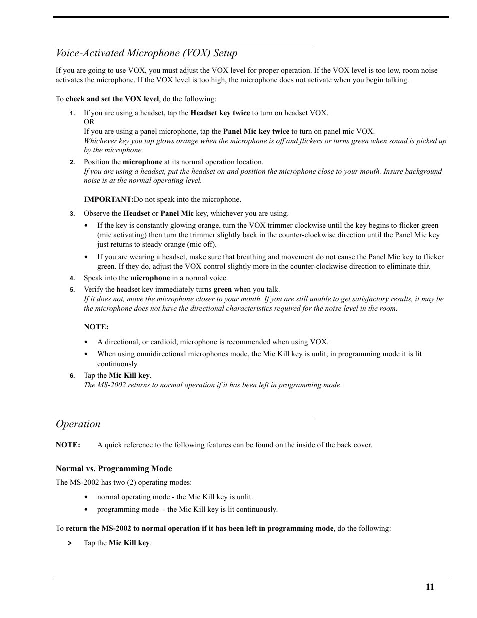 Voice-activated microphone (vox) setup, Operation, Normal vs. programming mode | Voice-activated microphone (vox) setup operation, Ormal, Rogramming | Telex AUDIOCOM MS-2002 User Manual | Page 23 / 30