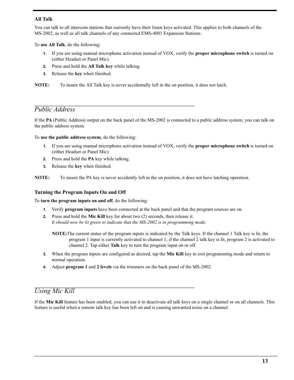 All talk, Public address, Turning the program inputs on and off | Using mic kill, Urning, Rogram, Nputs | Telex AUDIOCOM MS-2002 User Manual | Page 25 / 30
