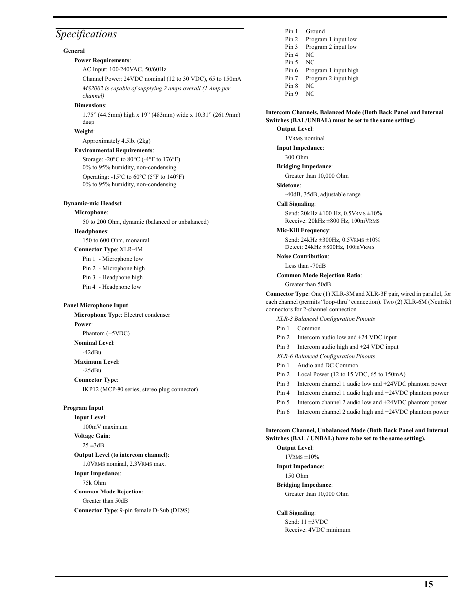 Specifications | Telex AUDIOCOM MS-2002 User Manual | Page 27 / 30