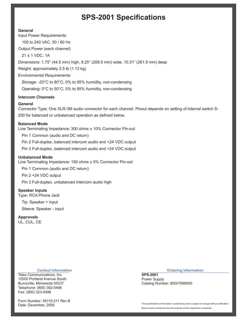 Sps-2001 specifications | Telex SPS-2001 User Manual | Page 2 / 2