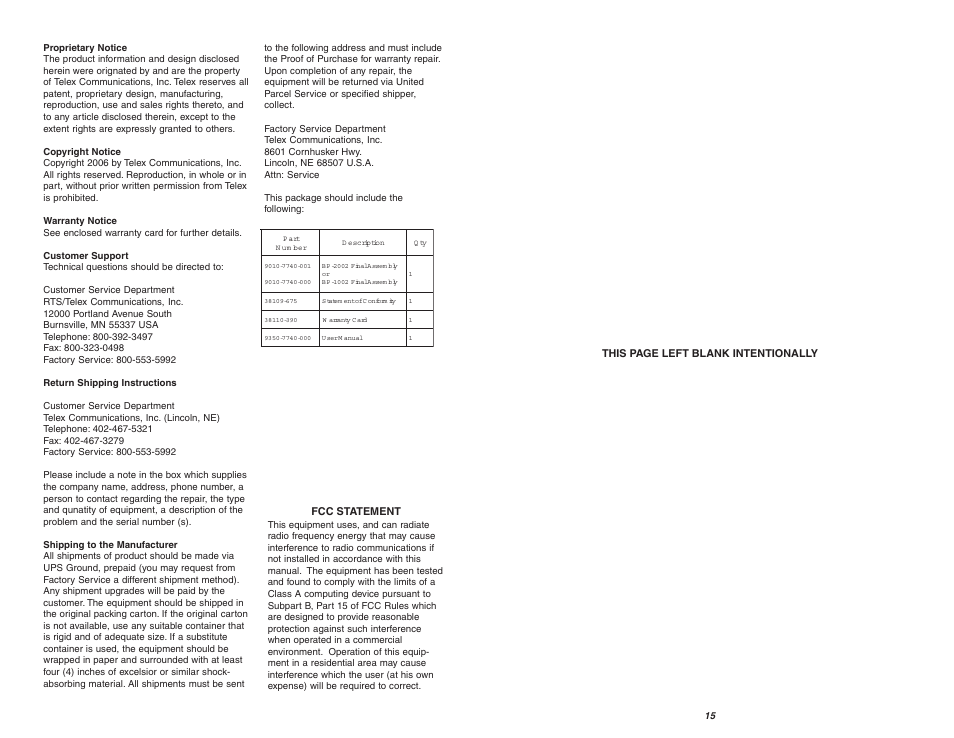 Fcc statement, This page left blank intentionally | Telex AUDIOCOM BP-2002 User Manual | Page 2 / 8