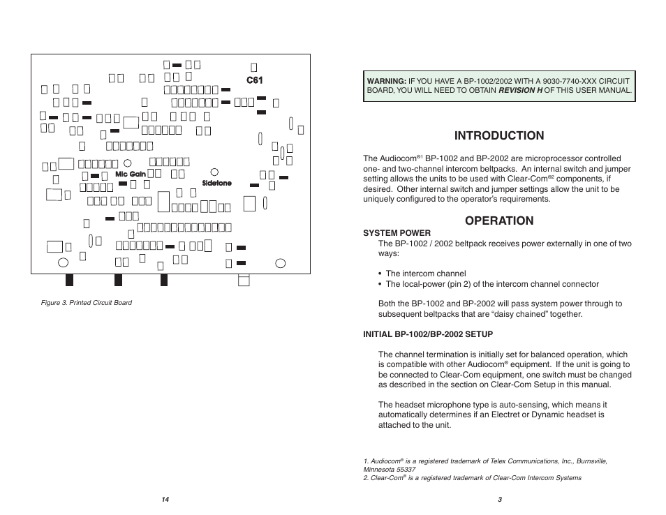 Introduction, Operation | Telex AUDIOCOM BP-2002 User Manual | Page 3 / 8