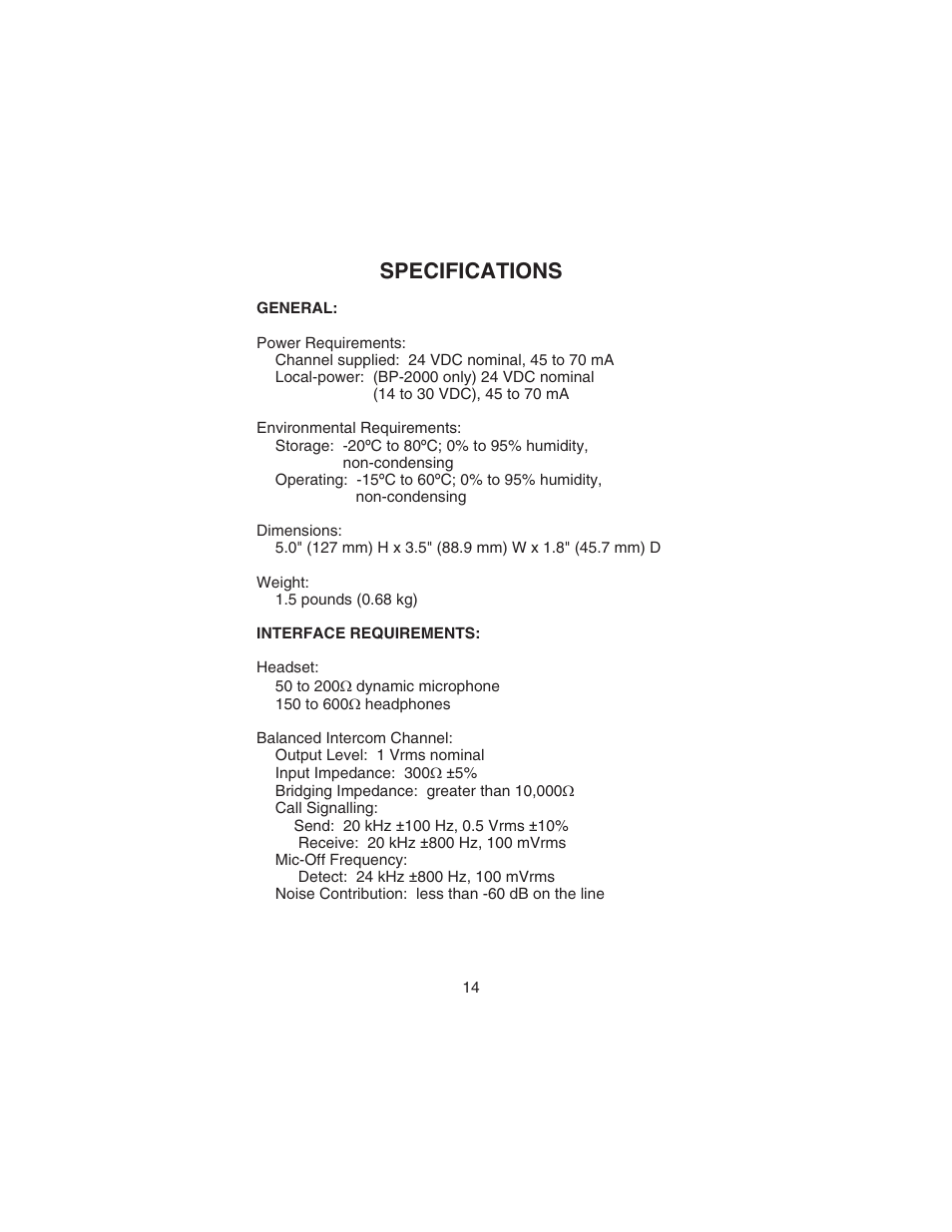 Specifications | Telex AUDIOCOM BP-2000 User Manual | Page 15 / 20