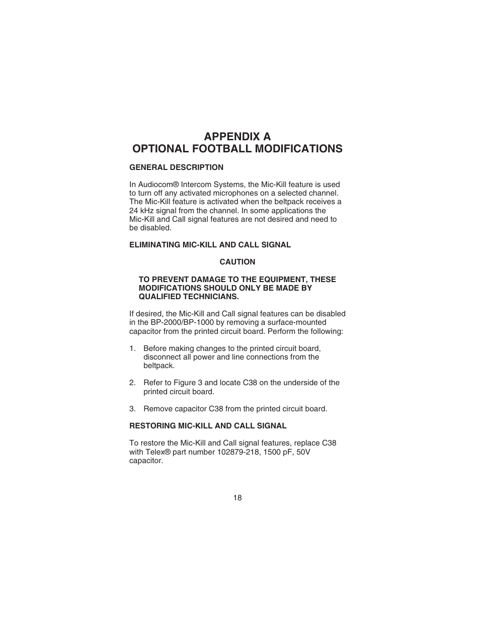 Appendix a optional football modifications | Telex AUDIOCOM BP-2000 User Manual | Page 19 / 20