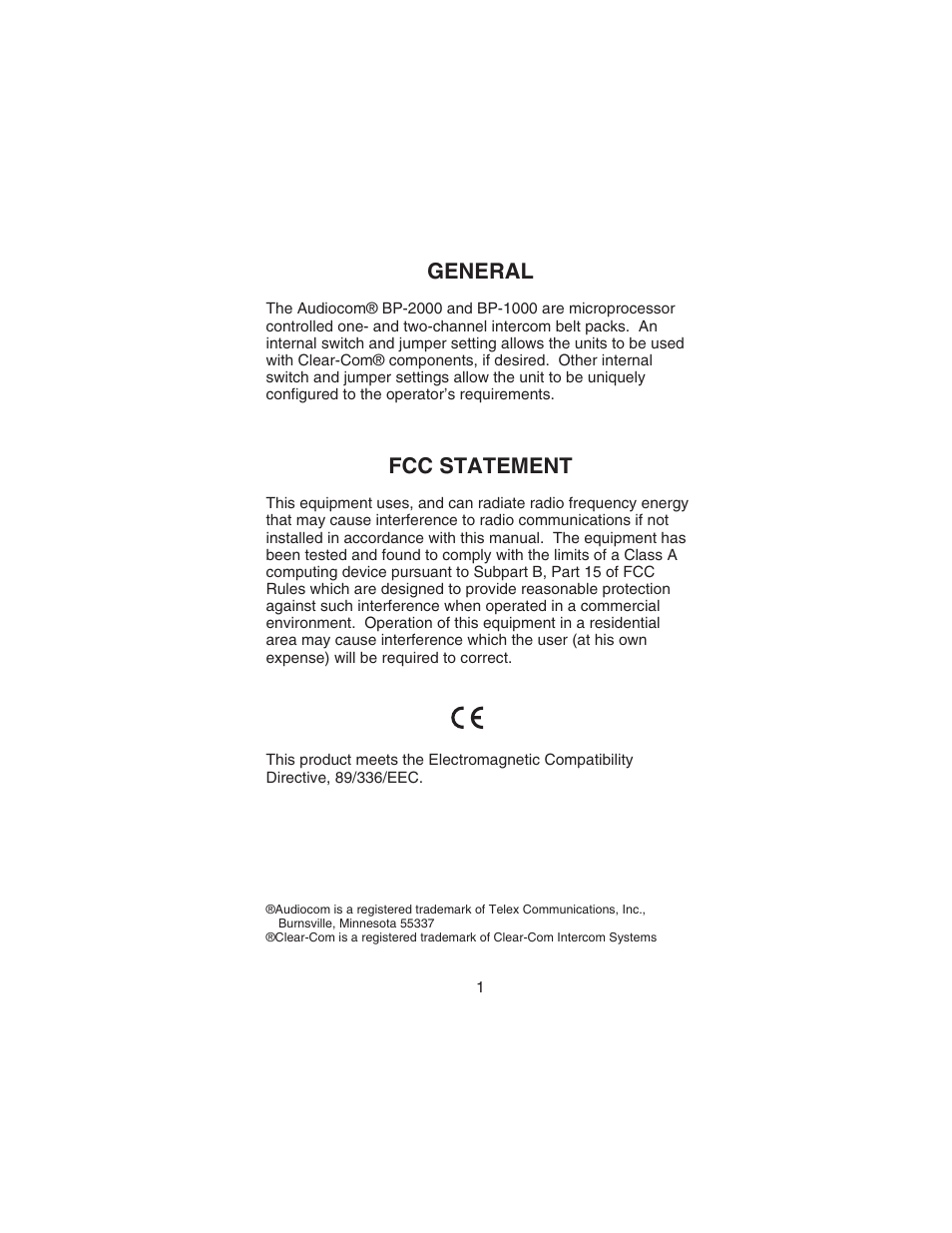 General, Fcc statement | Telex AUDIOCOM BP-2000 User Manual | Page 2 / 20